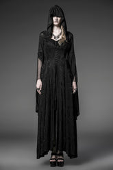 Black Hooded Metal Buckle Long Trumpet Sleeves Embroidery Womens Gothic Dress